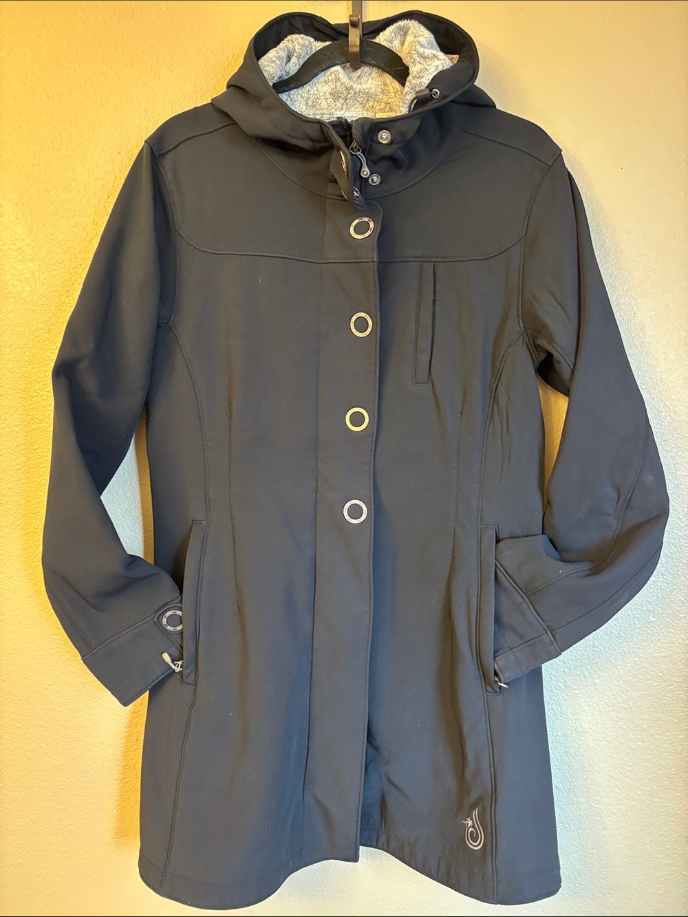 Isis Black Hooded Soft-Shell Trench Coat Soft Gray Fleece Lining Medium